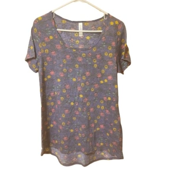 LuLaRoe Classic T Purple with Gold & Pink Flower Blossom Short Sleeve Tee Size L - Picture 1 of 5
